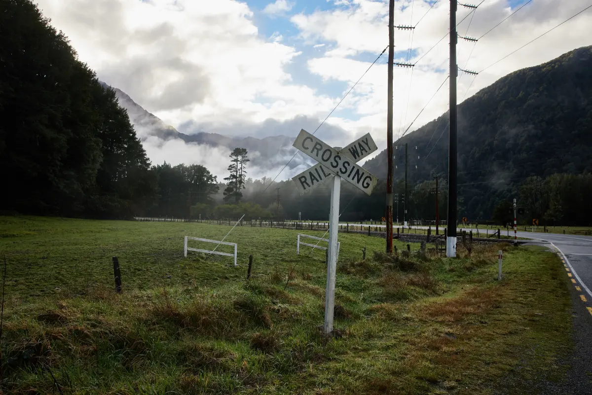 Level crossing sign in rural grassy area