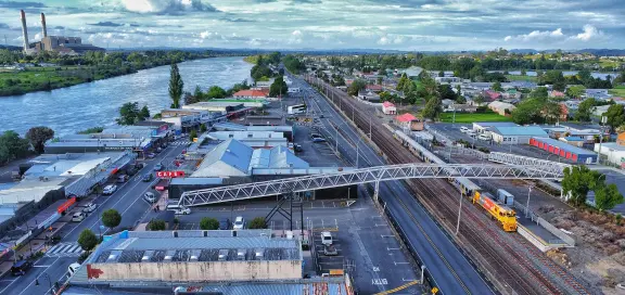 Drone shot of Te Huia at Huntly station